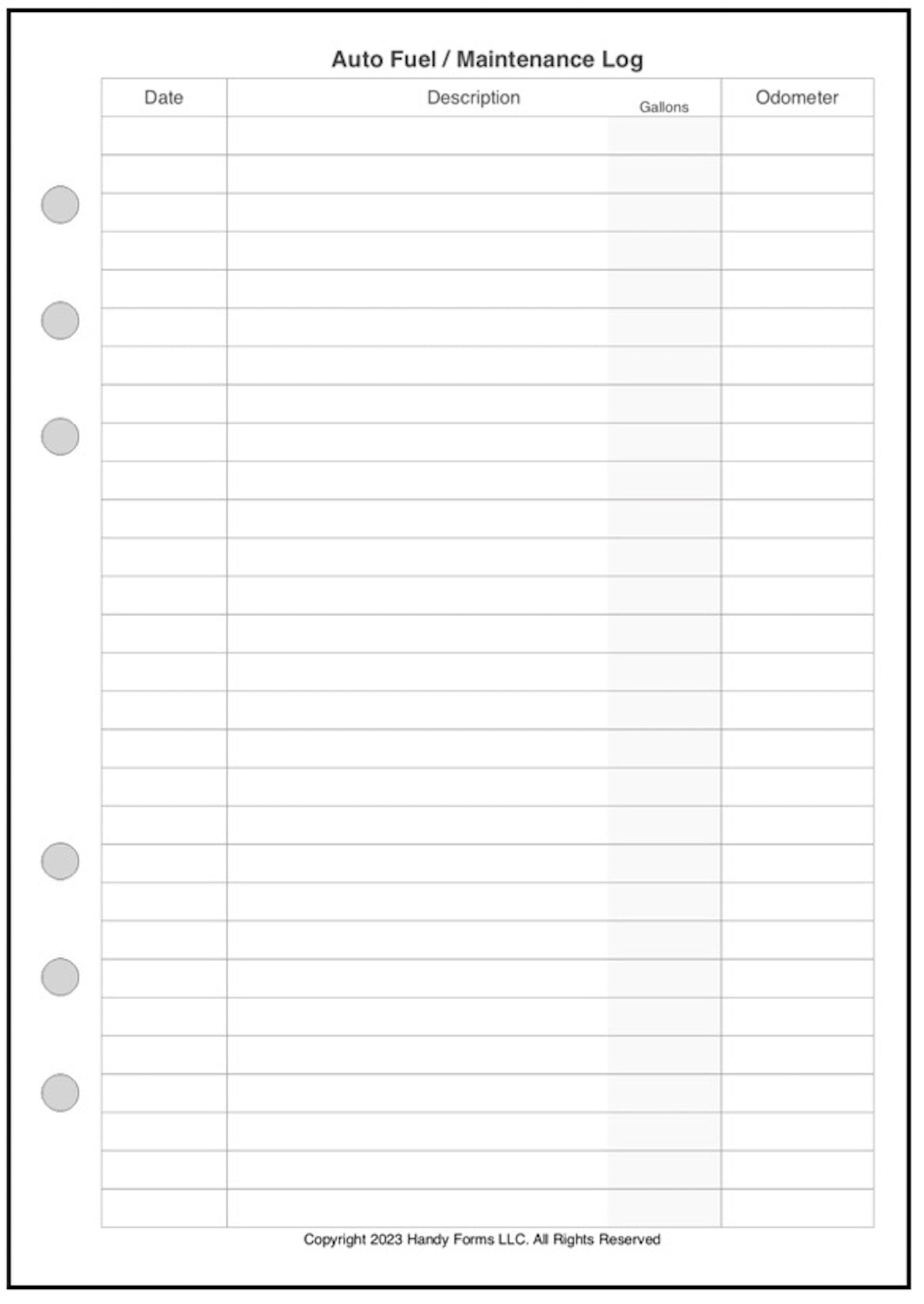 A5 Automobile Fuel & Maintenance Log