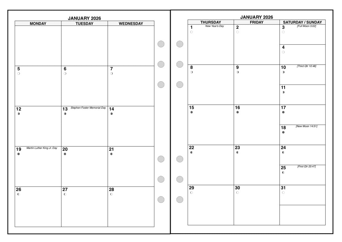 A5 Monthly Planner, 2 Pages Per Month, 6-Column Month, No Lines