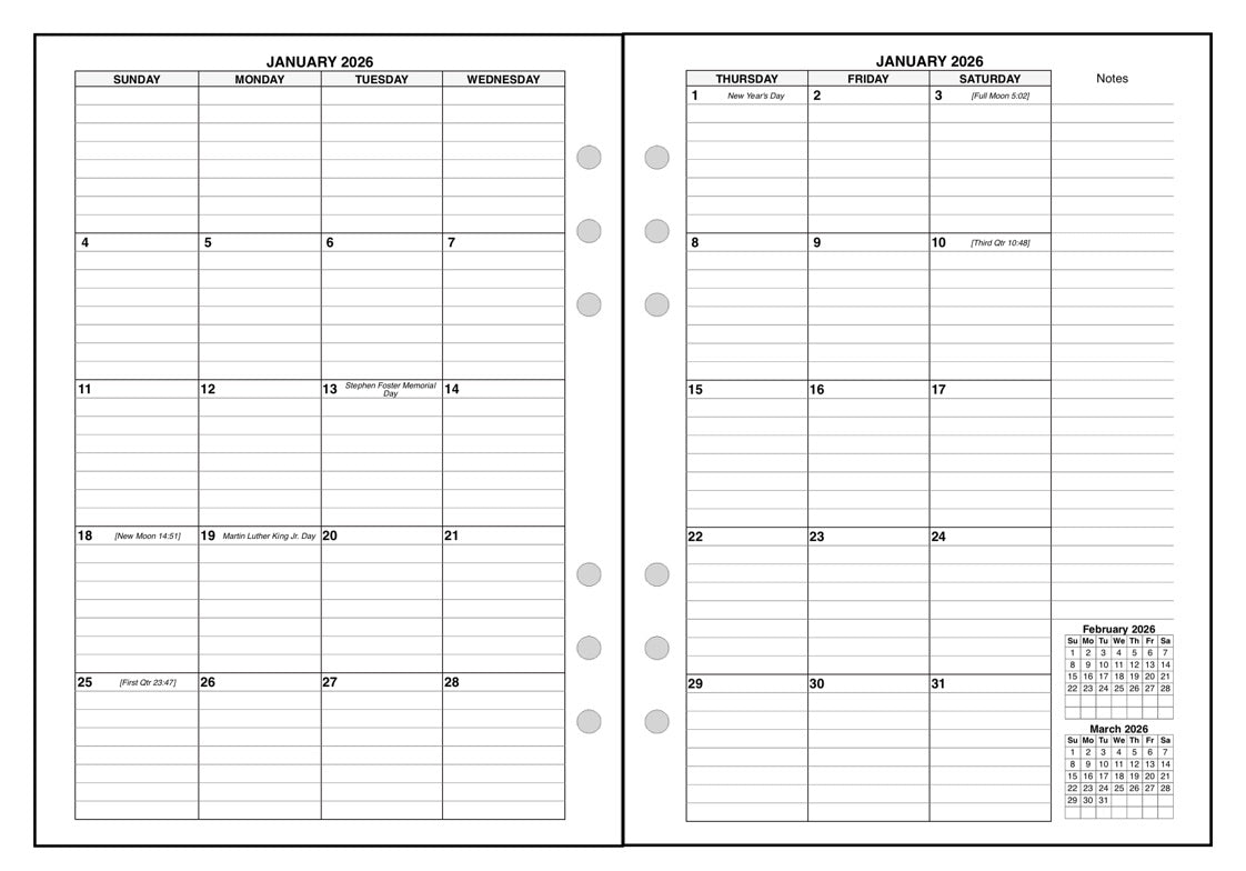 A5 Monthly Planner, 2 Pages Per Month, 8-Column Month, With Lines