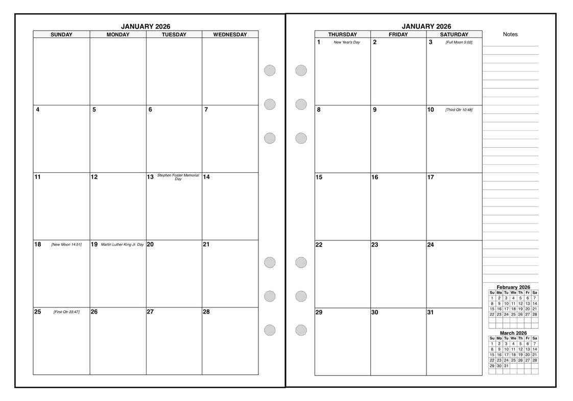 A5 Monthly Planner, 2 Pages Per Month, 8-Column Month, No Lines