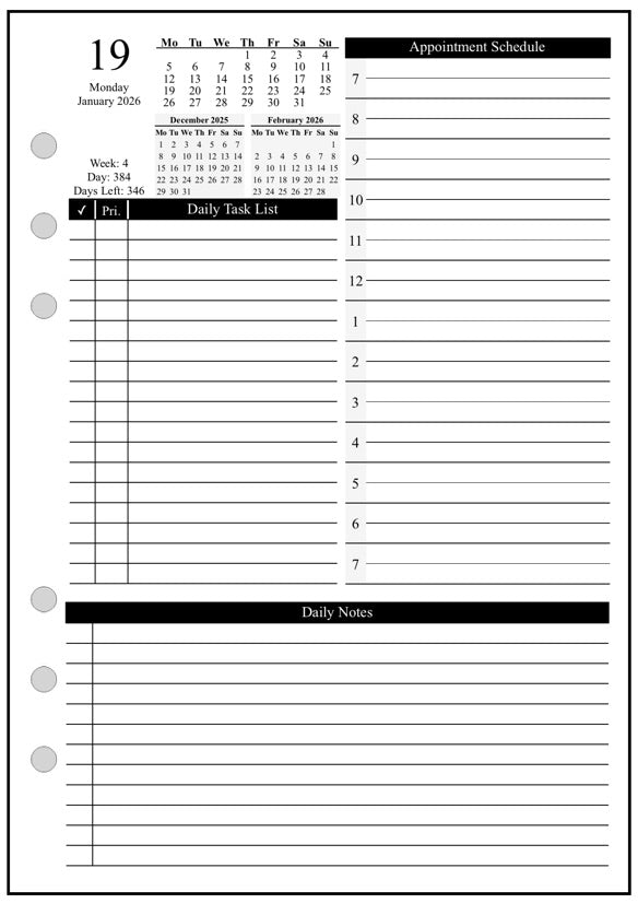 A5 Daily and Monthly Planner, 1 Page Per Day, 2 Pages Per Month, With Lines, Style D