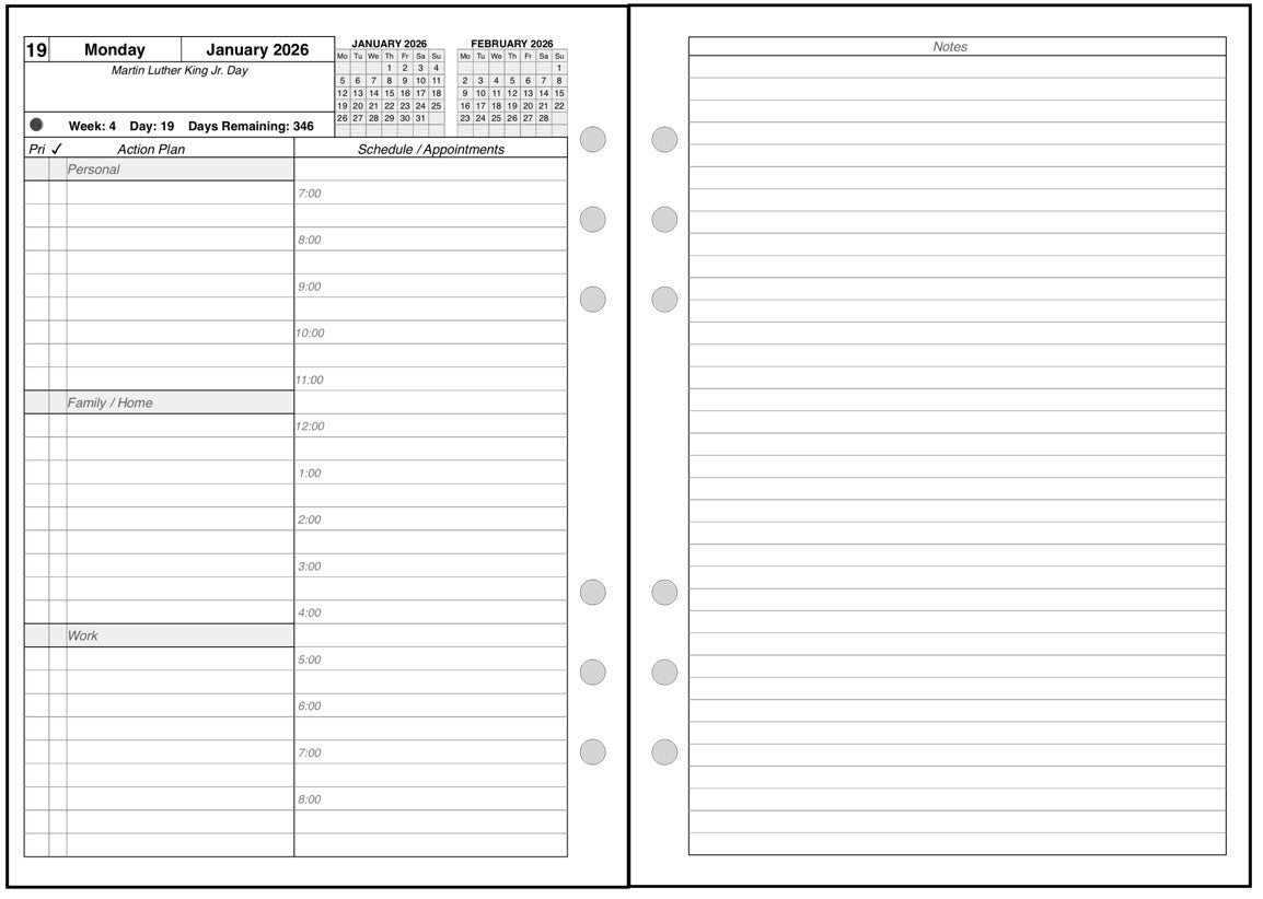 A5 Daily and Monthly Planner, 2 Pages Per Day, 2 Pages Per Month, With Lines, Style AS