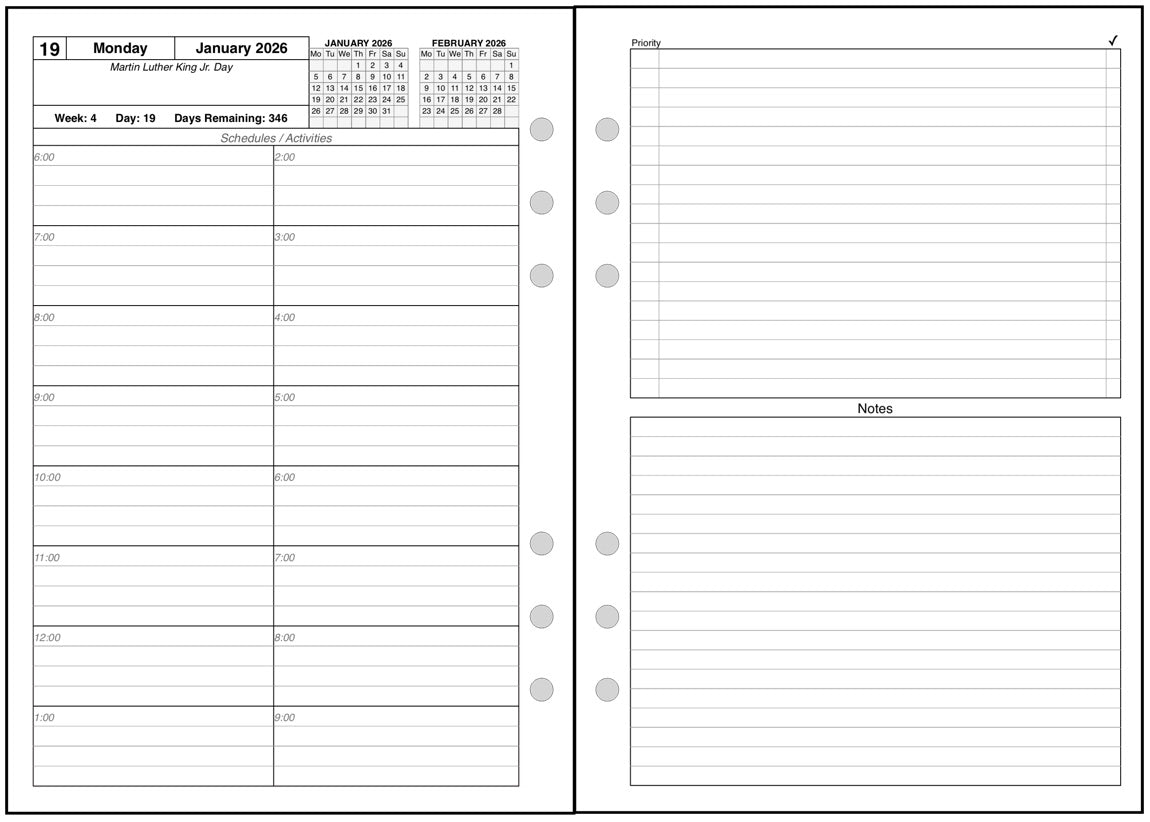 A5 Daily and Monthly Planner, 2 Pages Per Day, 2 Pages Per Month, With Lines, Style C