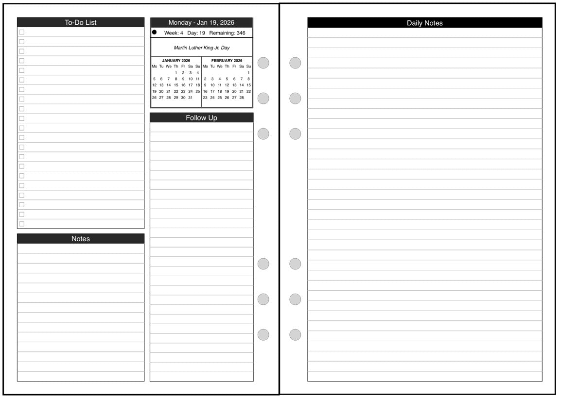 A5 Daily and Monthly Planner, 2 Pages Per Day, 2 Pages Per Month, With Lines, Style D