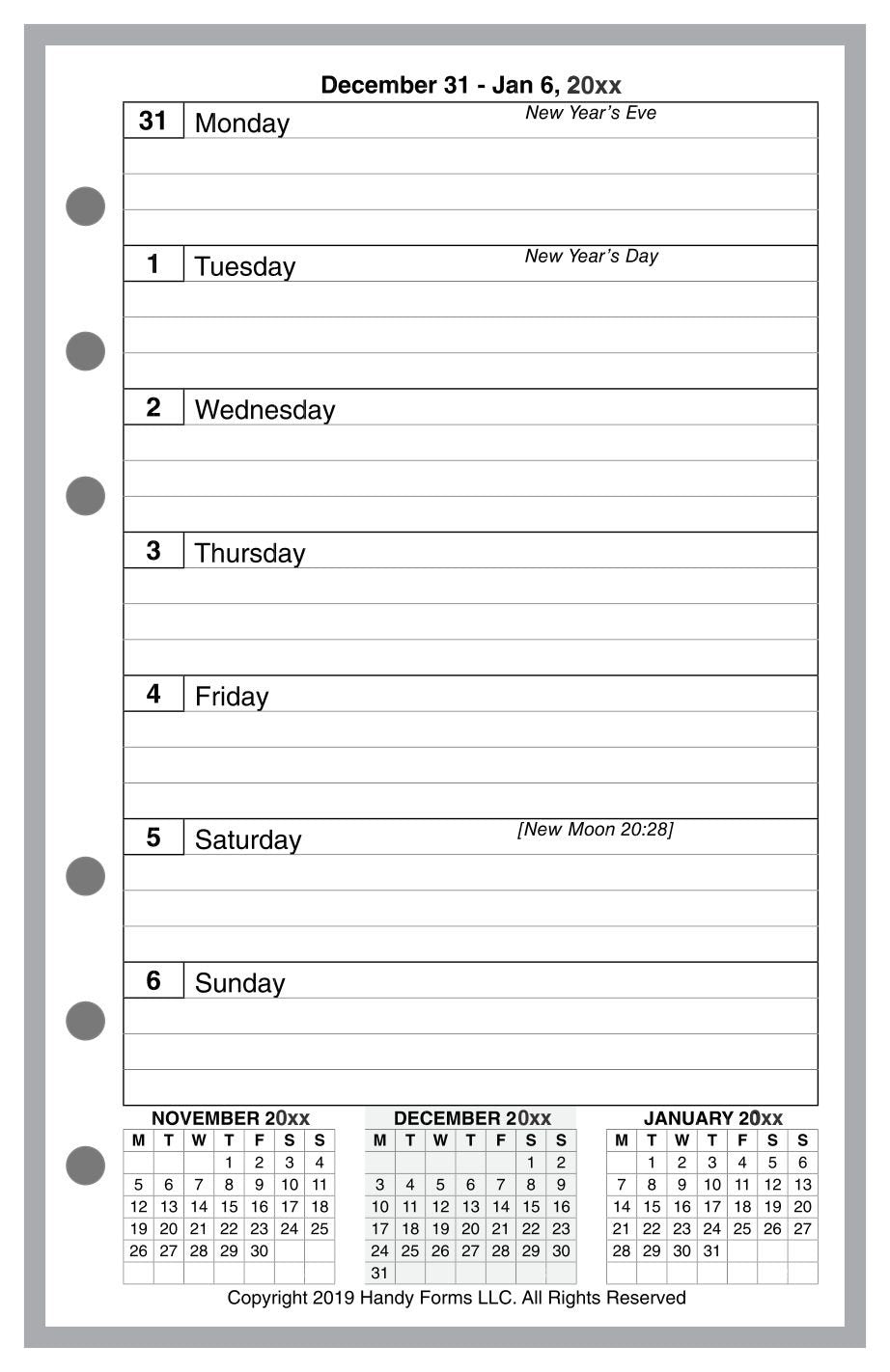 Compact Weekly and Monthly Planner, 1 Page Per Week, 2 Pages Per Month, With Lines, Style E