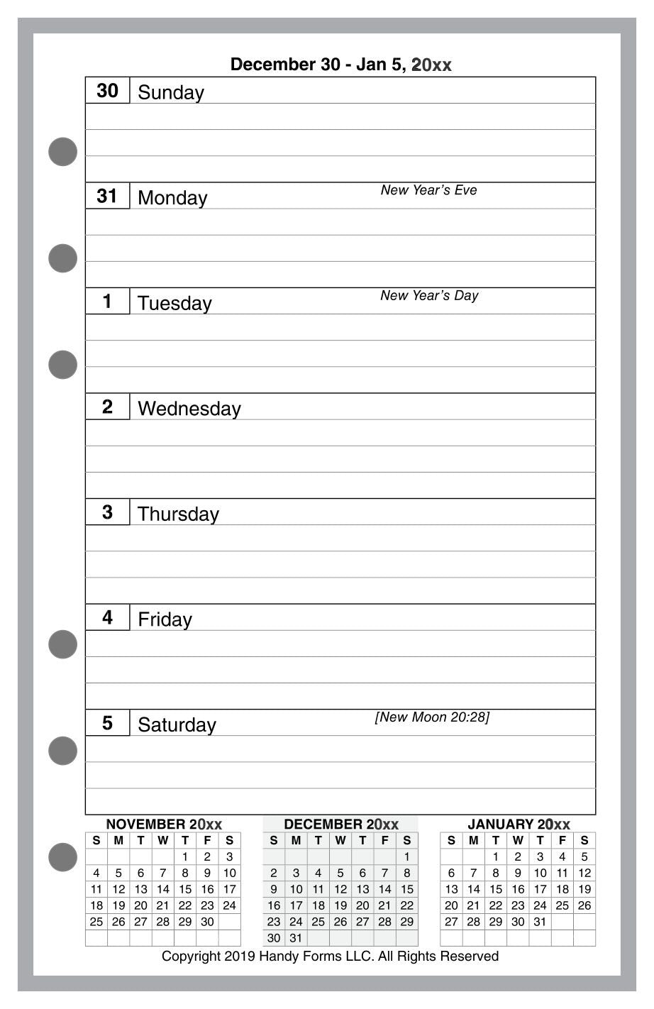 Compact Weekly and Monthly Planner, 1 Page Per Week, 2 Pages Per Month, With Lines, Style E
