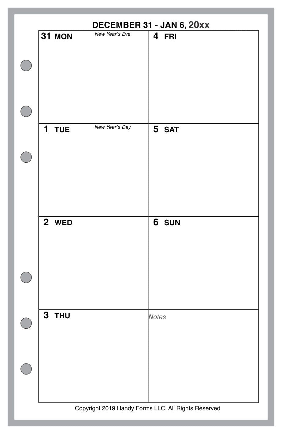 Compact Weekly and Monthly Planner, 1 Page Per Week, 2 Pages Per Month, No Lines, Style D