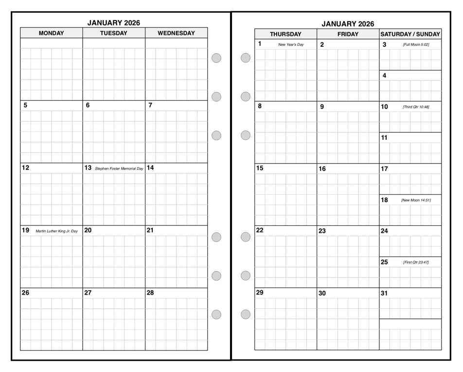 Compact Monthly Planner, 2 Pages Per Month, 6-Column Month, With Grid