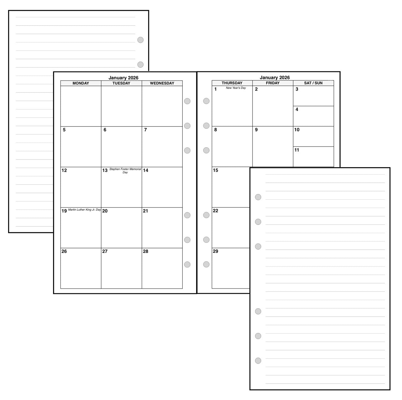 Compact Monthly Planner, 2 Pages Per Month, 6-Column Month, No Lines