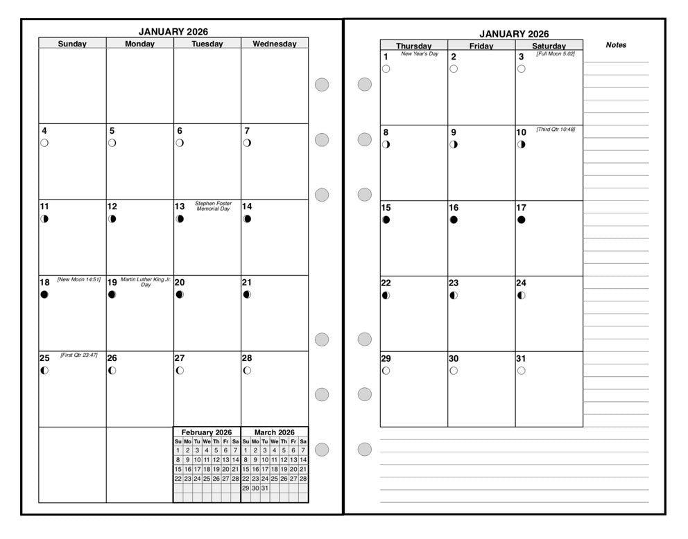 Compact Monthly Planner, 2 Pages Per Month, 7-Column Month, No Lines