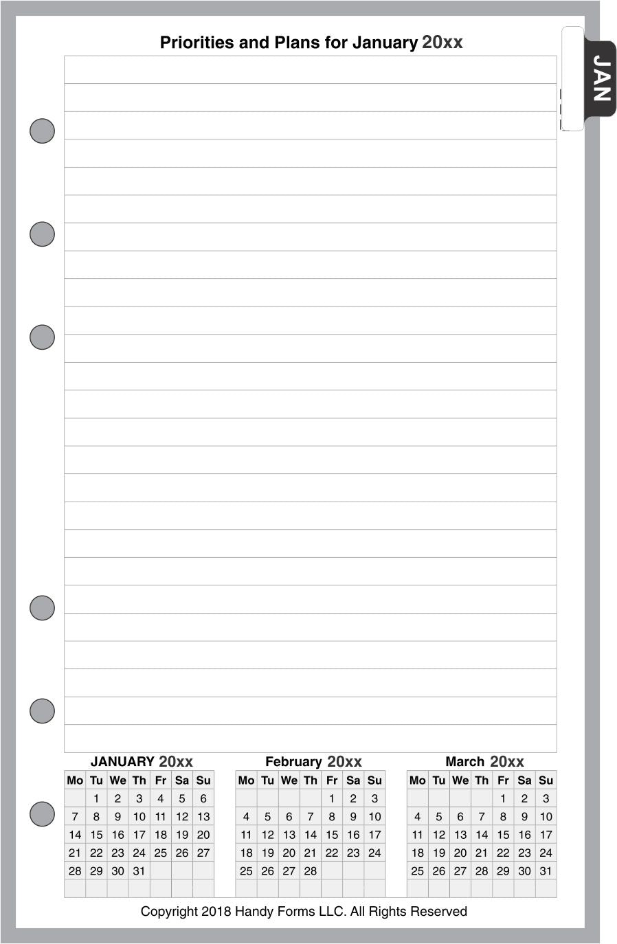 A5 Monthly Planner, 4 Pages Per Month, No Lines