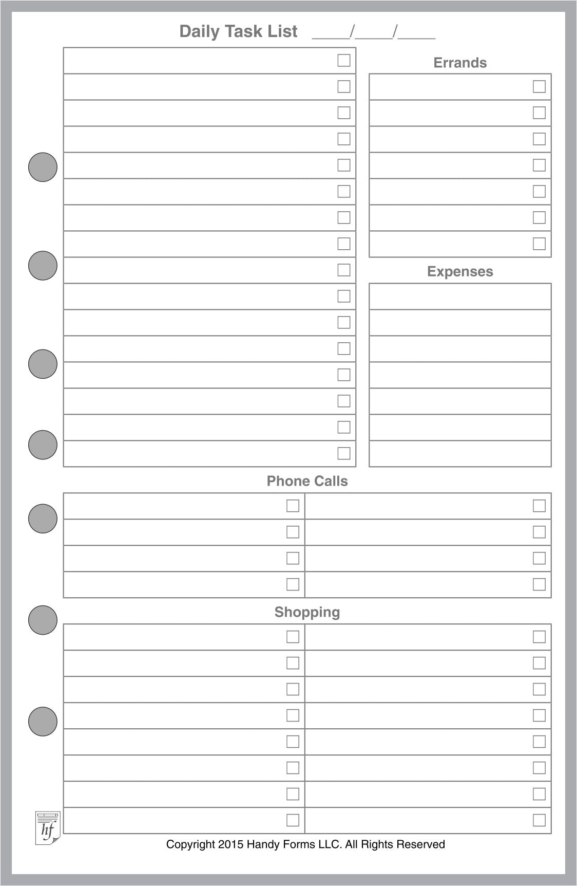 Half-letter size Daily Task List
