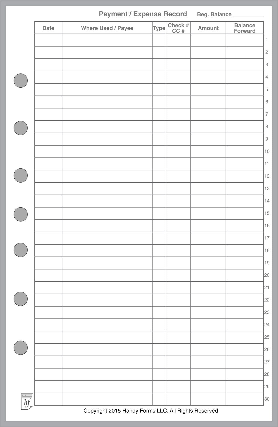 Half-letter size Payment / Expense Record and Check Register