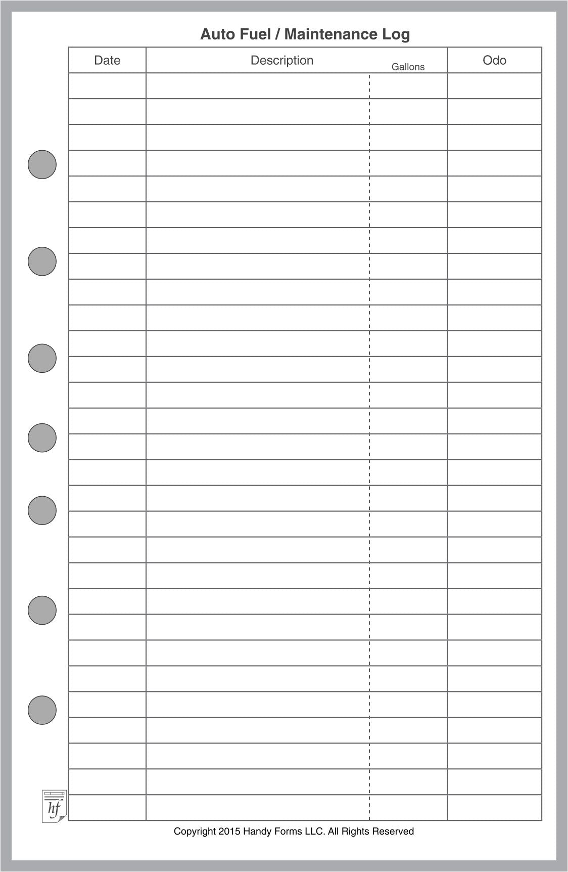 Half-letter size Automobile Fuel & Maintenance Log