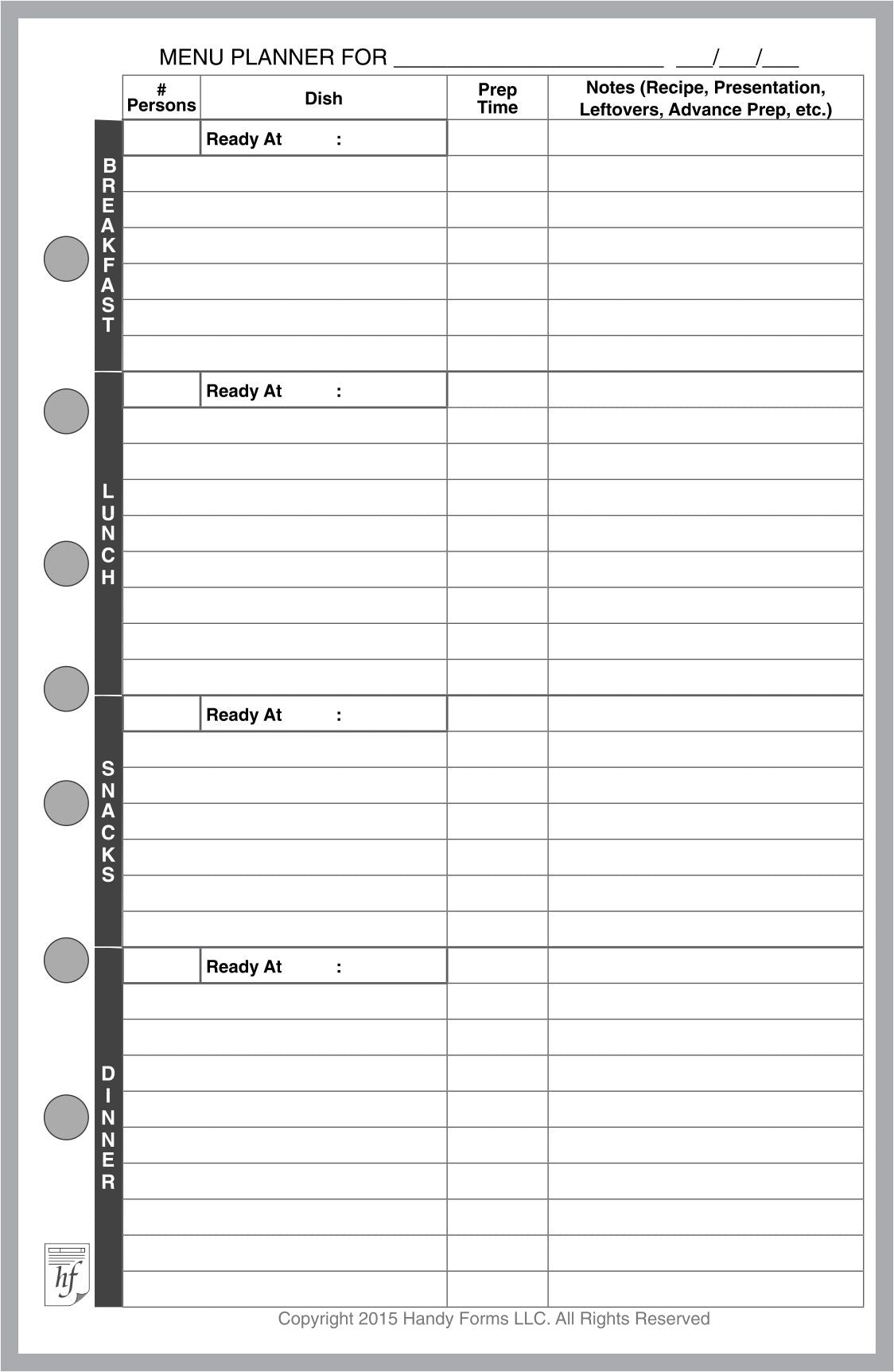 Half-letter size Daily and Weekly Menu Planner