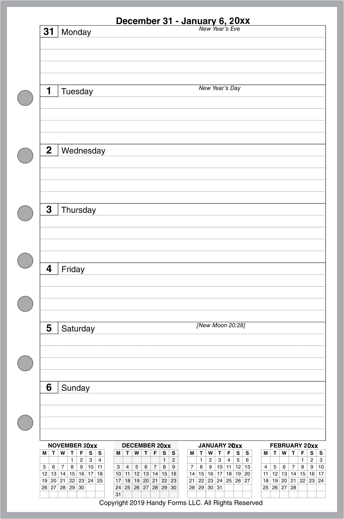 Half-letter size Weekly and Monthly Planner, 1 Page Per Week, 2 Pages Per Month, With Lines, Style E