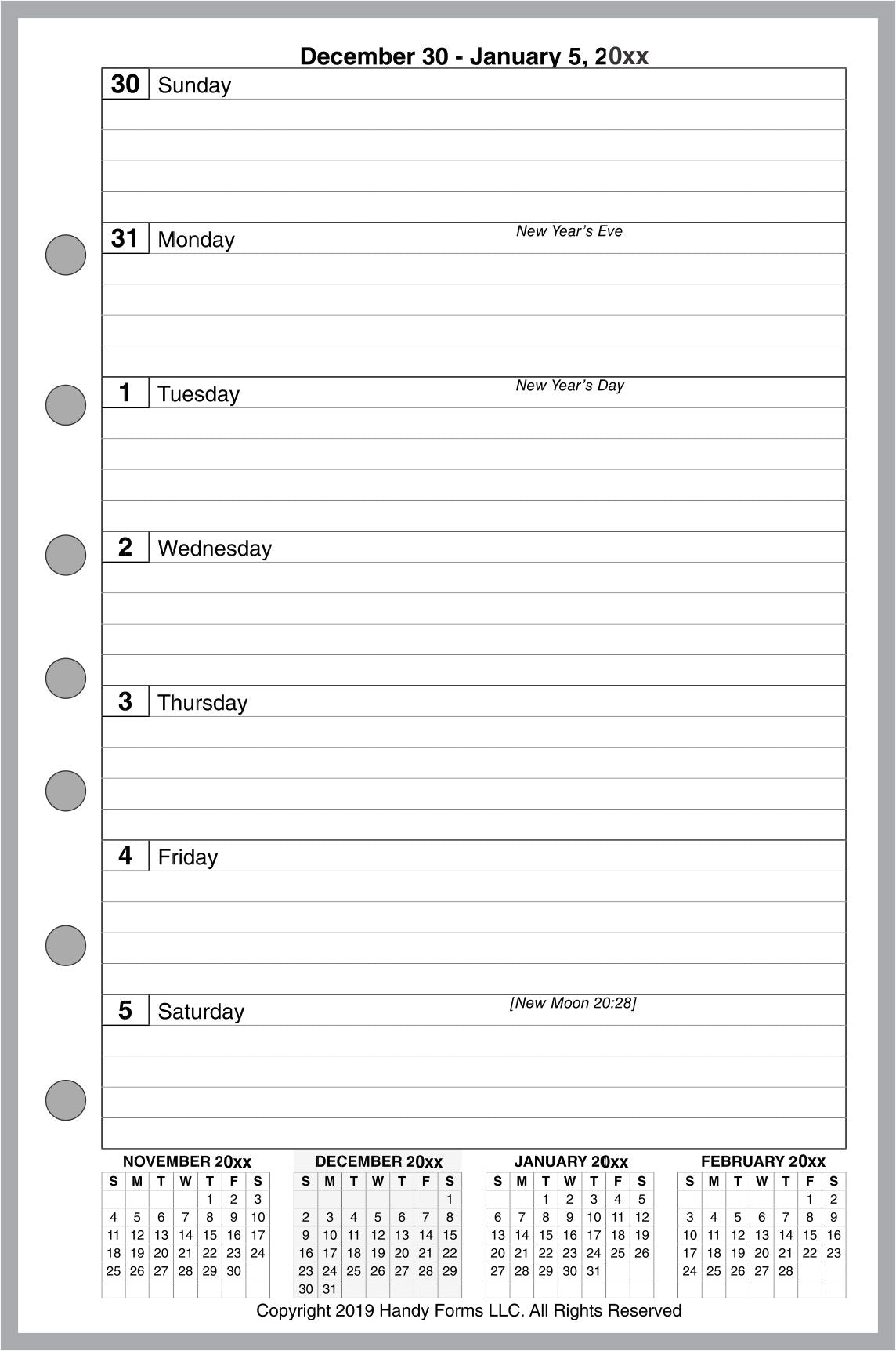 Half-letter size Weekly and Monthly Planner, 1 Page Per Week, 2 Pages Per Month, With Lines, Style E