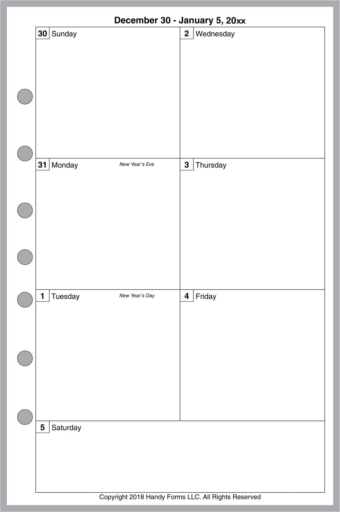 Half-letter size Weekly and Monthly Planner, 1 Page Per Week, 2 Pages Per Month, No Lines, Style C