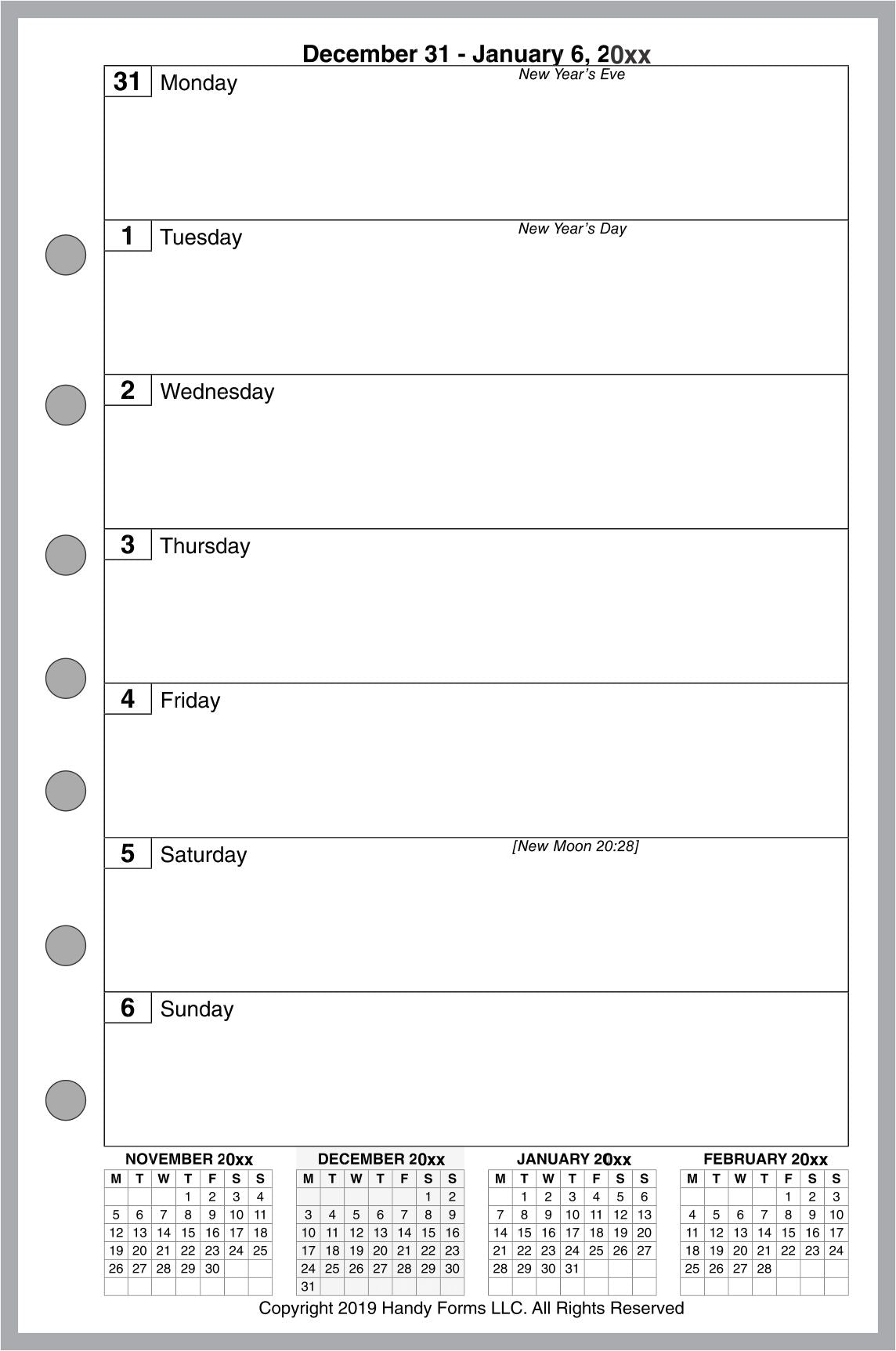 Half-letter size Weekly and Monthly Planner, 1 Page Per Week, 2 Pages Per Month, No Lines, Style E