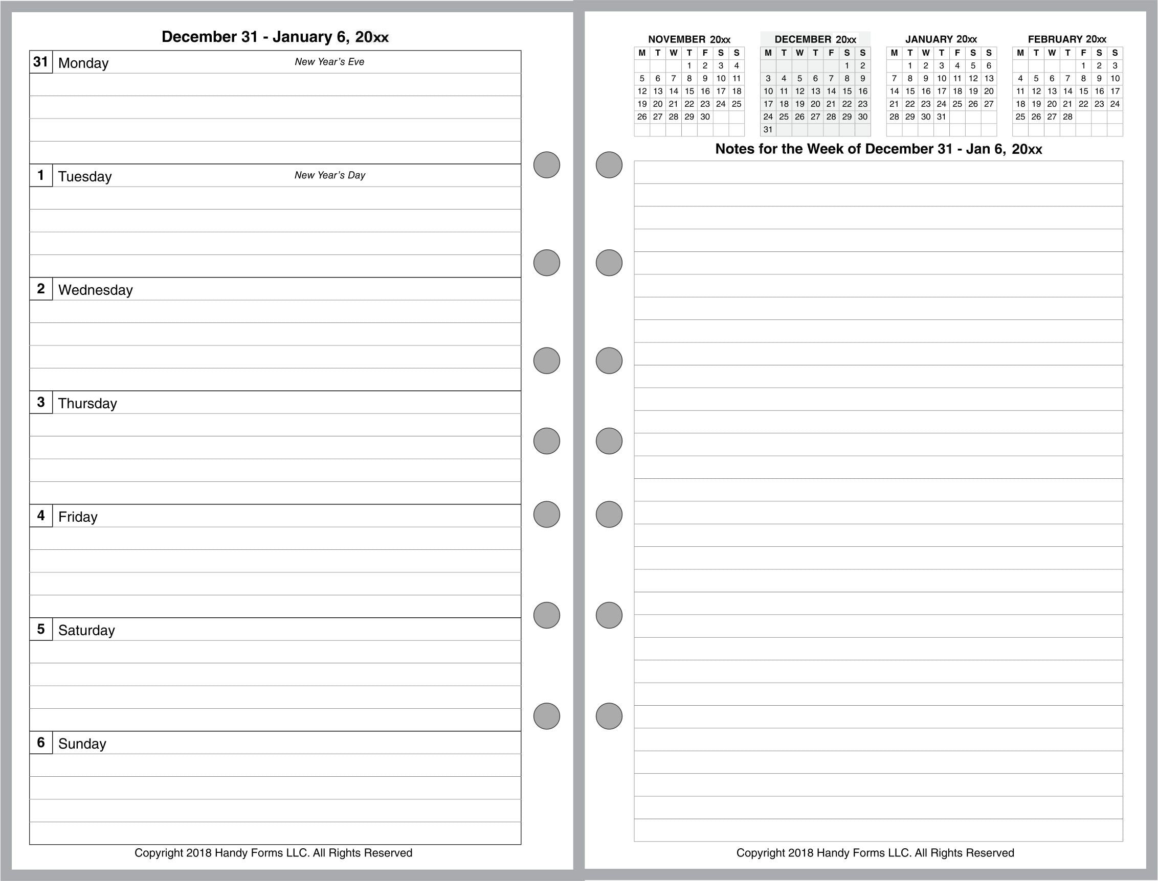 Half-letter size Weekly and Monthly Planner, 2 Pages Per Week, 2 Pages Per Month, Style F