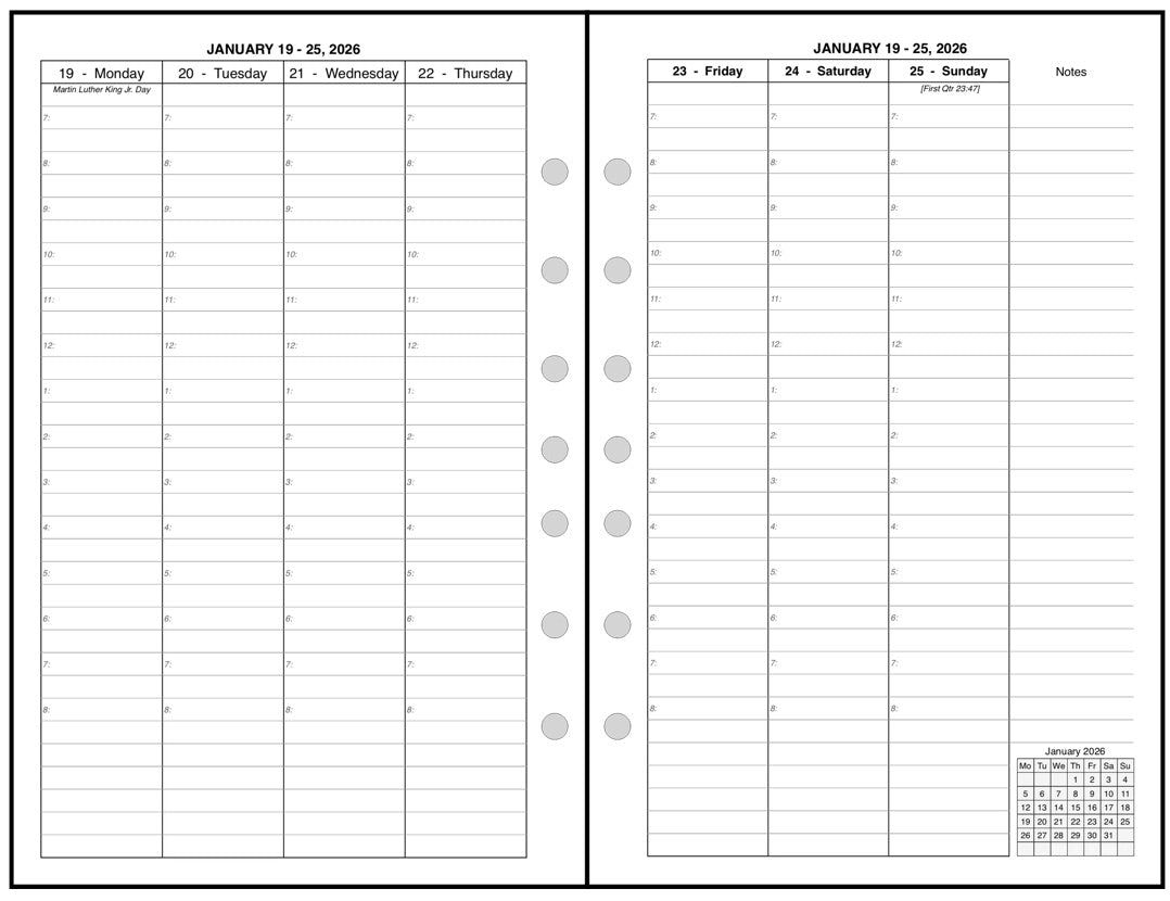 Half-letter size Weekly and Monthly Planner, 2 Pages Per Week, 2 Pages Per Month, Style V8