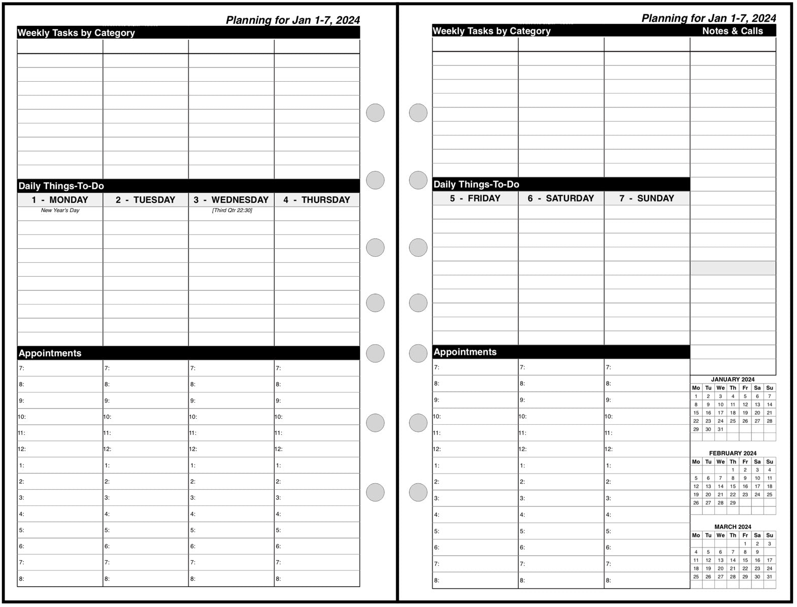 Half-letter size Weekly and Monthly Planner, 2 Pages Per Week, 2 Pages Per Month, Style VT