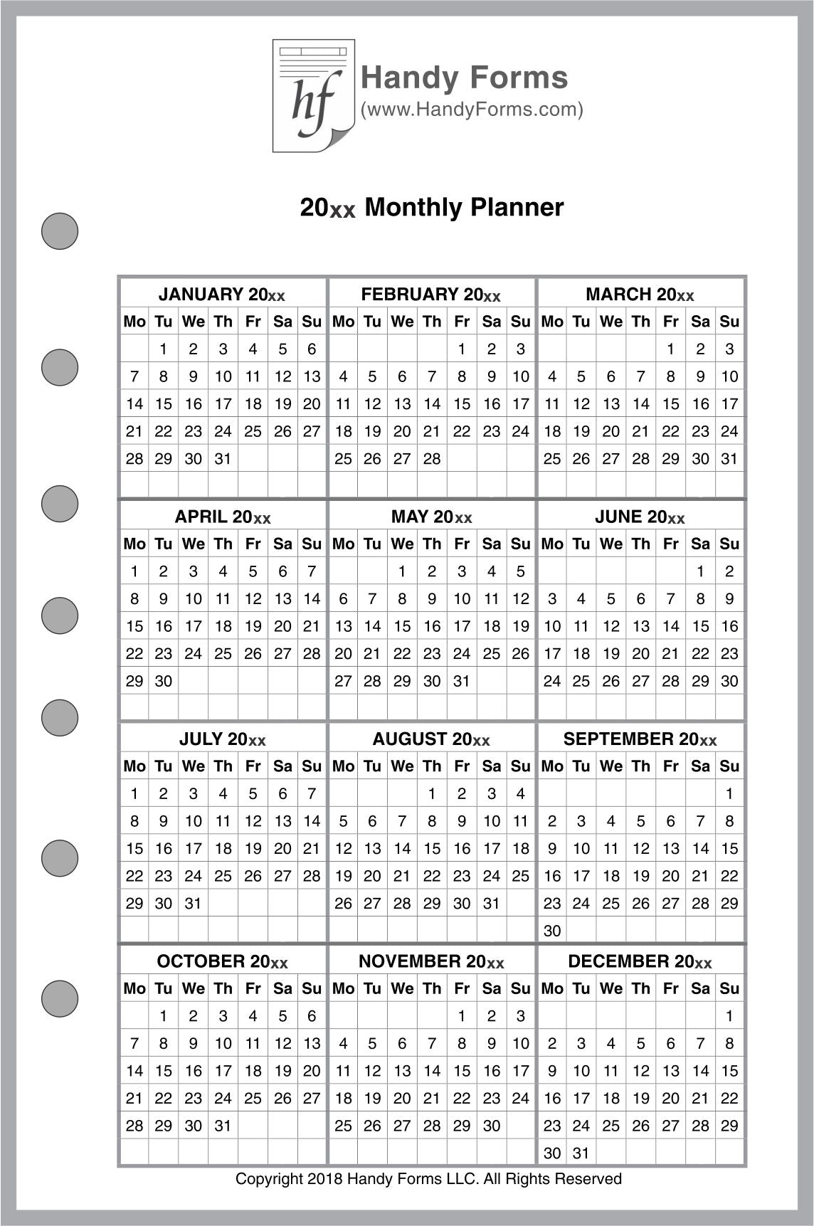 Half-letter size Monthly Planner, 2 Pages Per Month, No Lines