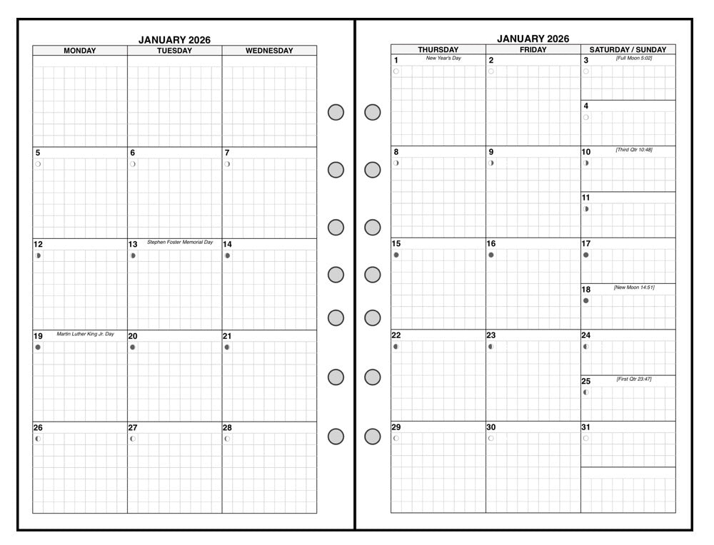 Classic (Half-Letter) Monthly Planner, 2 Pages Per Month, 6-Column Month, With Grid