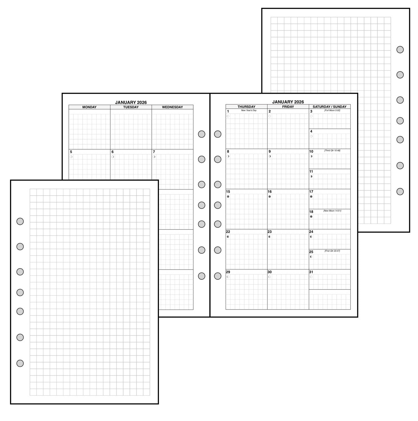 Classic (Half-Letter) Monthly Planner, 2 Pages Per Month, 6-Column Month, With Grid