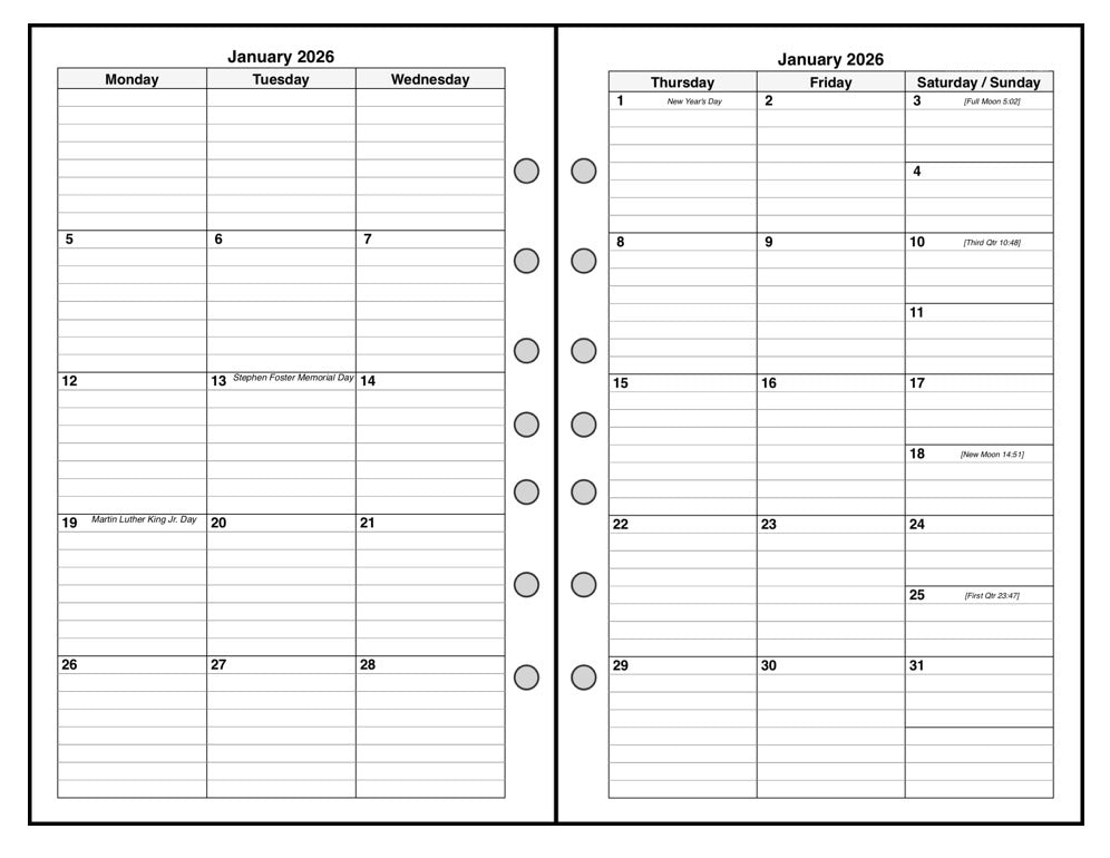 Half-letter size Weekly and Monthly Planner, 2 Pages Per Week, 2 Pages Per Month, Style E
