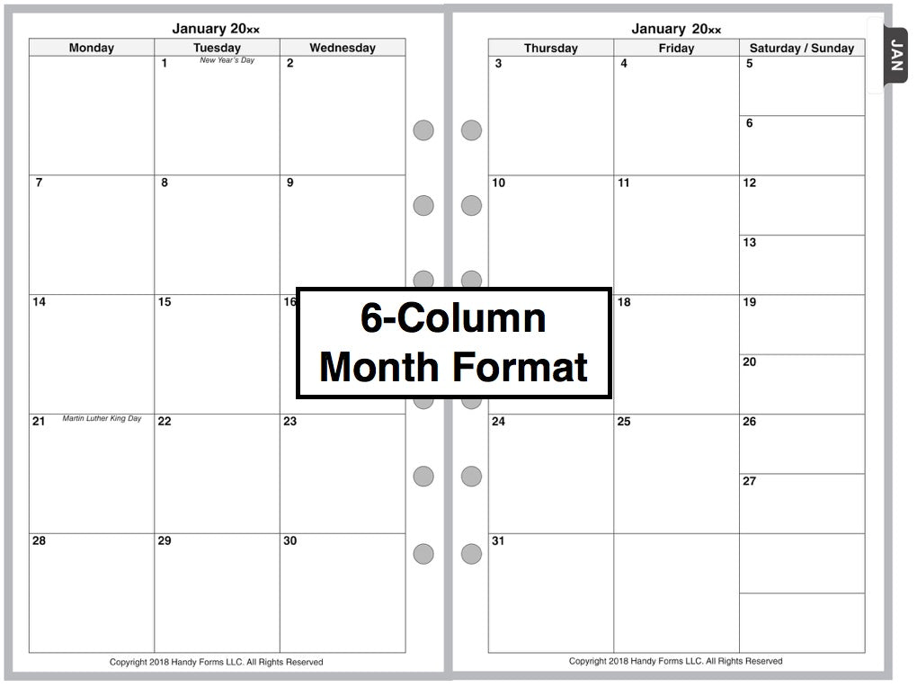 Half-letter size Weekly and Monthly Planner, 1 Page Per Week, 2 Pages Per Month, No Lines, Style B