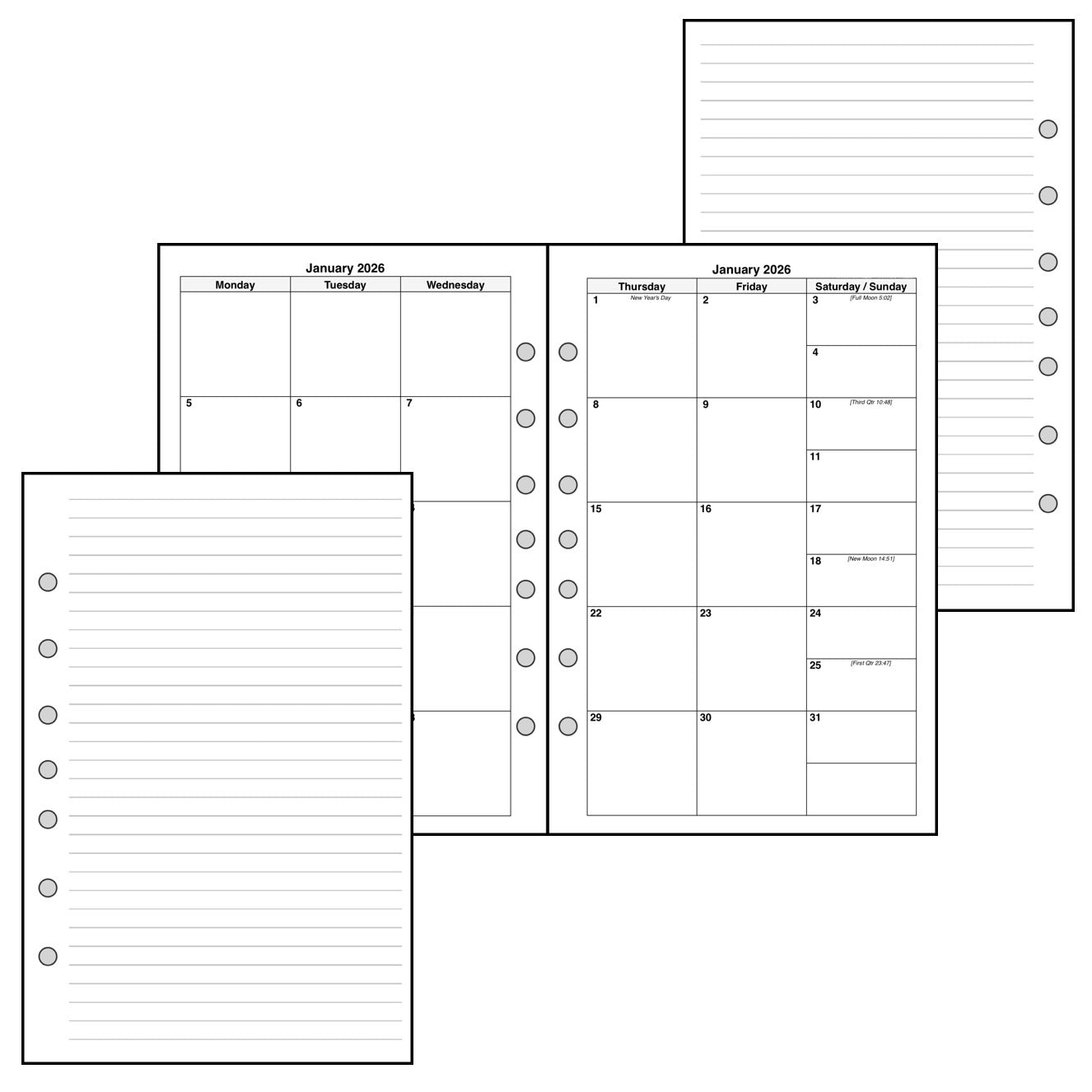 Classic (Half-Letter) Monthly Planner, 2 Pages Per Month, 6-Column Month, No Lines