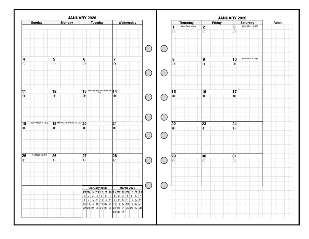 Classic (Half-Letter) Monthly Planner, 2 Pages Per Month, 7-Column Month, With Grid