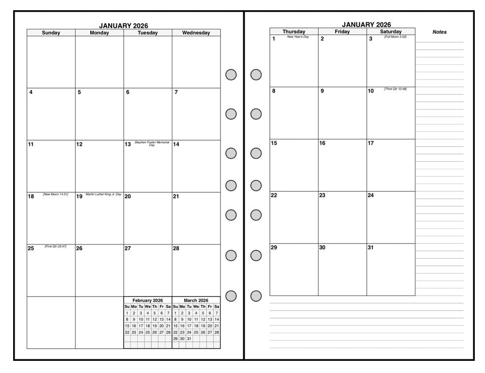 Classic (Half-Letter) Monthly Planner, 2 Pages Per Month, 7-Column Month, No Lines