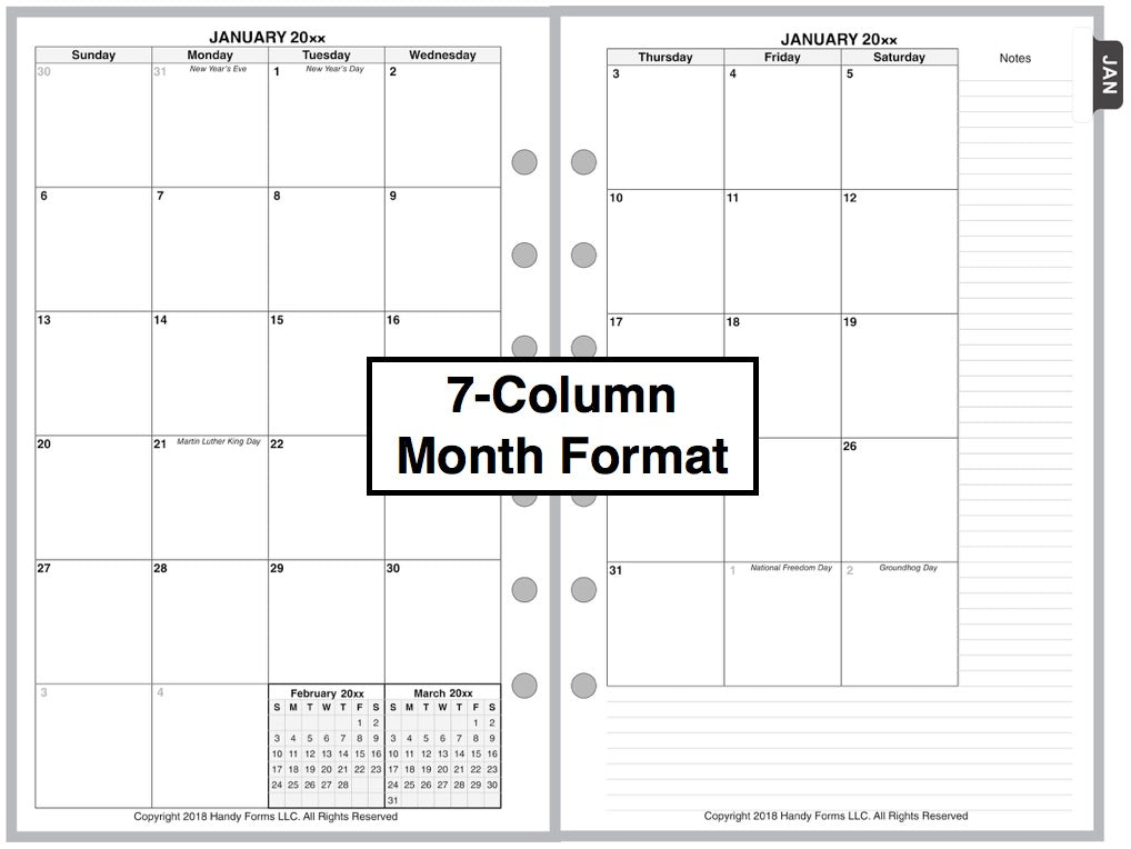 Half-letter size Monthly Planner, 2 Pages Per Month, No Lines