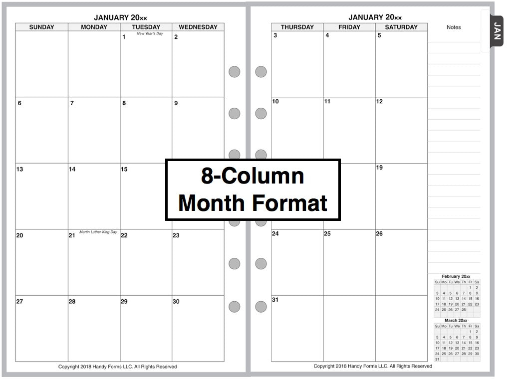 Half-letter size Monthly Planner, 4 Pages Per Month, No Lines