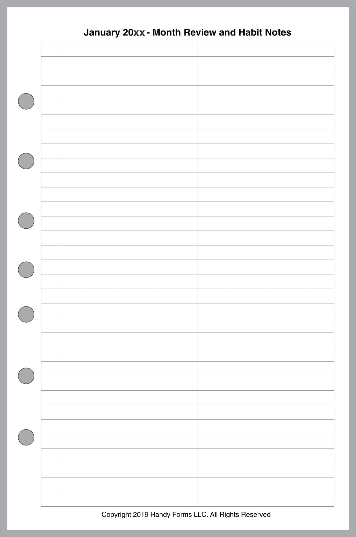 Half-letter size Monthly Planner and Habit Tracker, With Lines