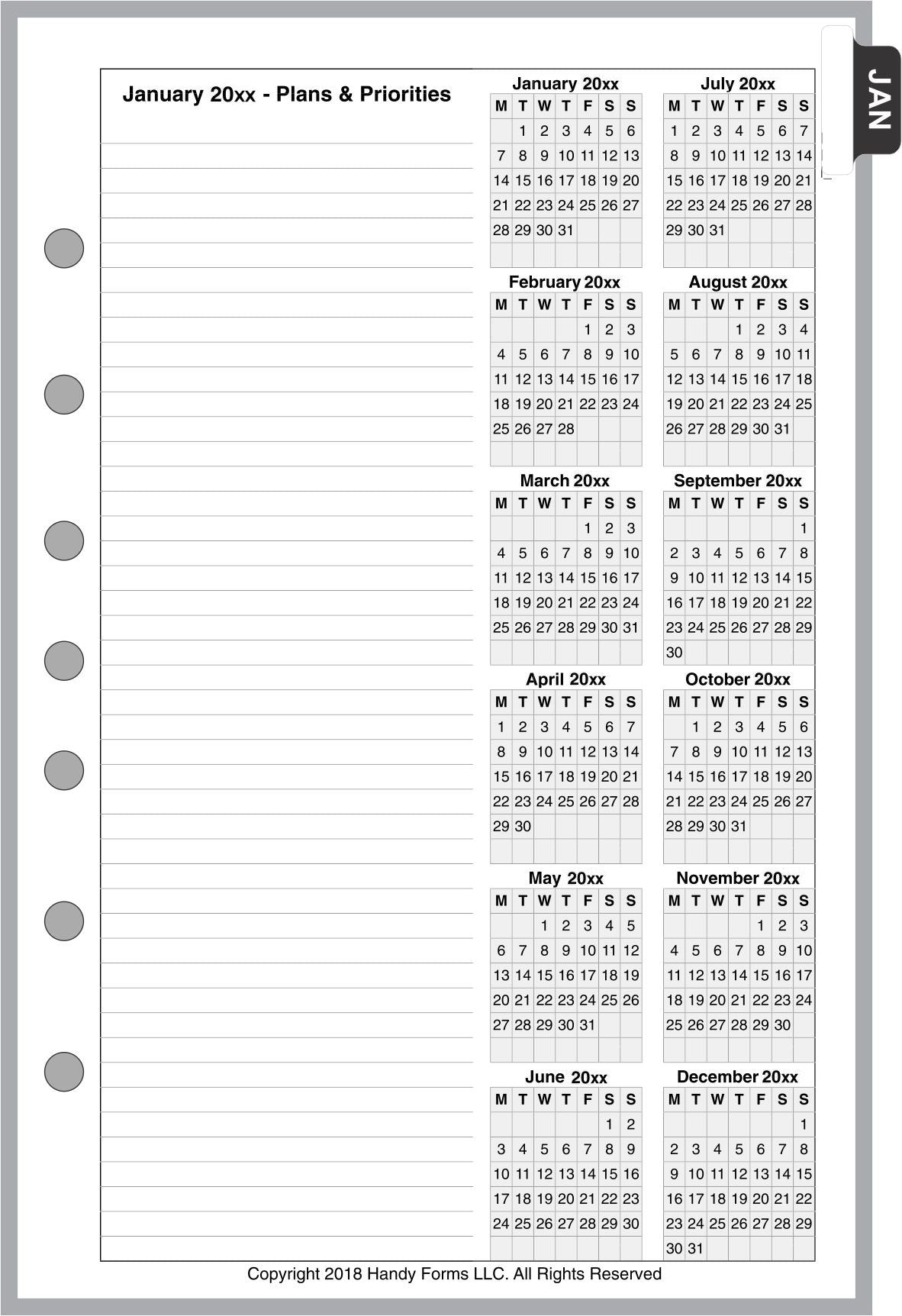 Half-letter size Monthly Planner, 4 Pages Per Month, No Lines