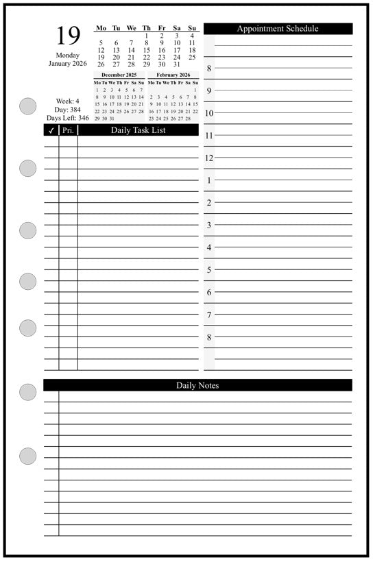 Half-letter size Daily and Monthly Planner, 1 Page Per Day, 2 Pages Per Month, With Lines, Style D
