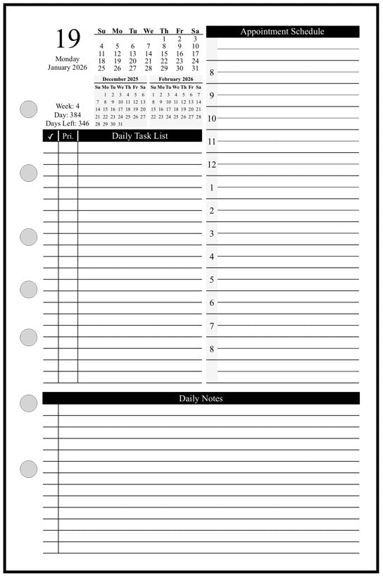 Half-letter size Daily and Monthly Planner, 1 Page Per Day, 2 Pages Per Month, With Lines, Style D