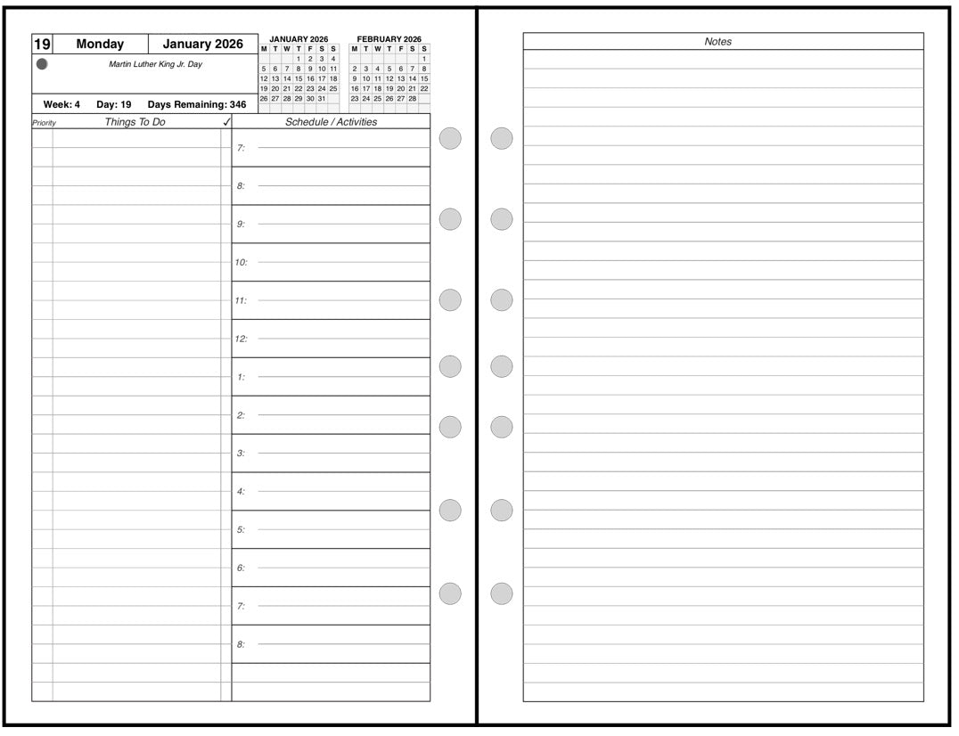 Half-letter size Daily and Monthly Planner, 2 Pages Per Day, 2 Pages Per Month, With Lines, Style A