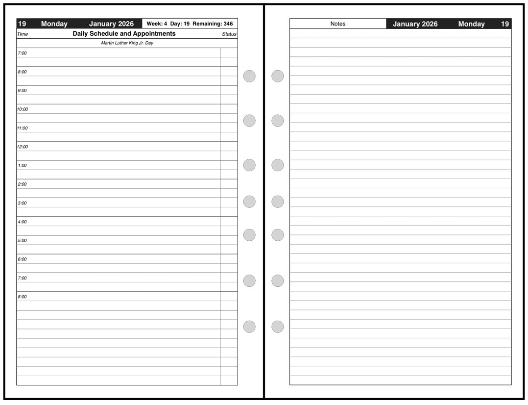 Franklin Classic (half-letter) size Daily and Monthly Planner, 2 Pages Per Day, 2 Pages Per Month, With Lines, Style B
