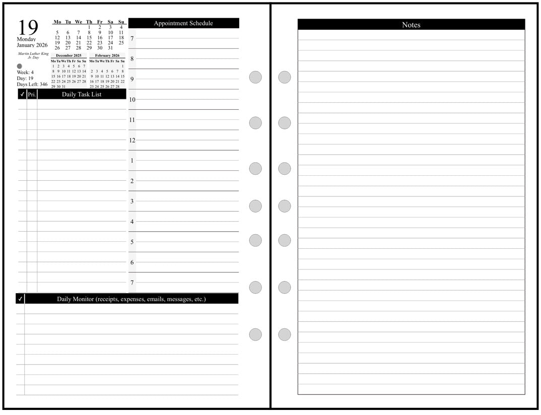 Half-letter size Daily and Monthly Planner, 2 Pages Per Day, 2 Pages Per Month, With Lines, Style D