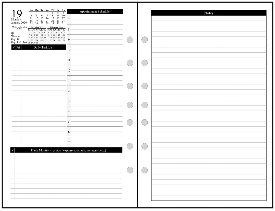 Half-letter size Daily and Monthly Planner, 2 Pages Per Day, 2 Pages Per Month, With Lines, Style D