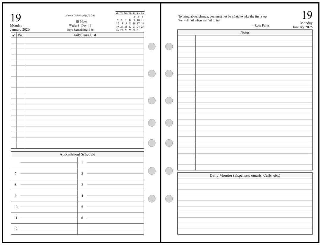 Half-letter size Daily and Monthly Planner, 2 Pages Per Day, 2 Pages Per Month, With Lines, Style K