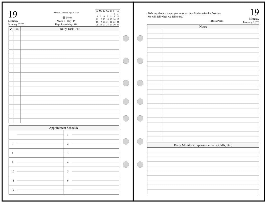 Half-letter size Daily and Monthly Planner, 2 Pages Per Day, 2 Pages Per Month, With Lines, Style D