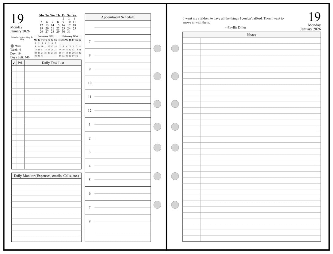 Half-letter size Daily and Monthly Planner, 2 Pages Per Day, 2 Pages Per Month, With Lines, Style D1