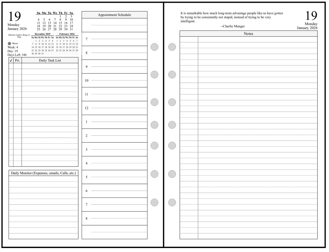 Half-letter size Daily and Monthly Planner, 2 Pages Per Day, 2 Pages Per Month, With Lines, Style D1
