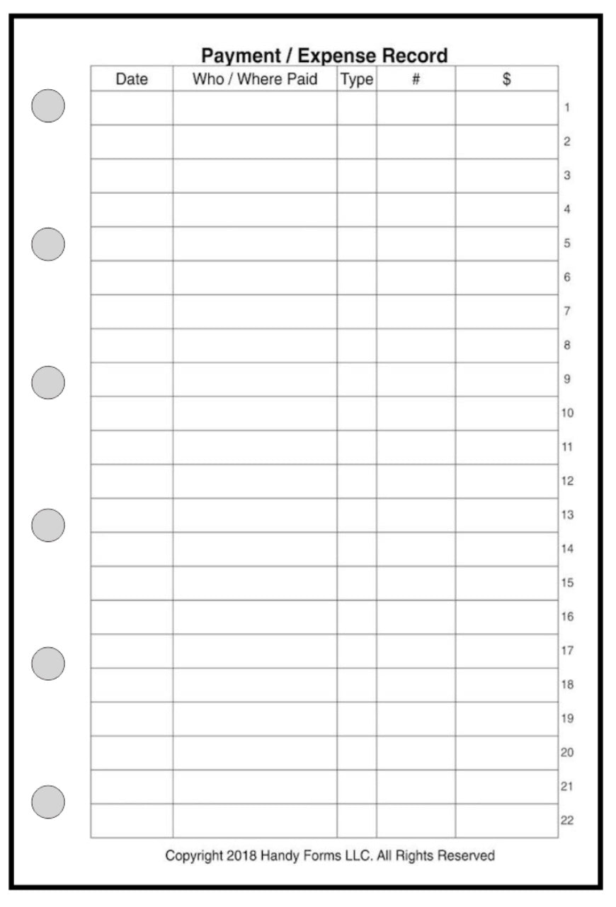 Pocket Payment / Expense Record and Check Register