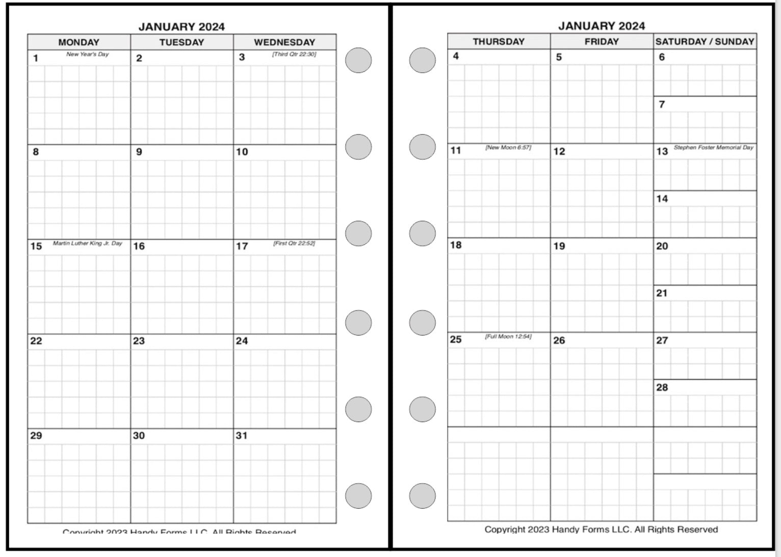 Pocket Monthly Planner, 2 Pages Per Month, 6-Column Month, With Grid